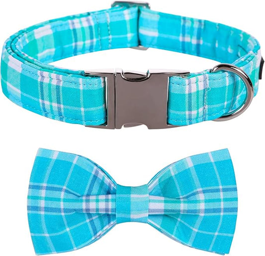 Maca Bates Plaid Blue Dog Collar with Checkered Bow Bowtie for Grid Dogs Bows Tie Adjustable Breakaway Collars Birthday Gift Colar for Small Medium Large XL Girl Boy Male Female Puppy Pets