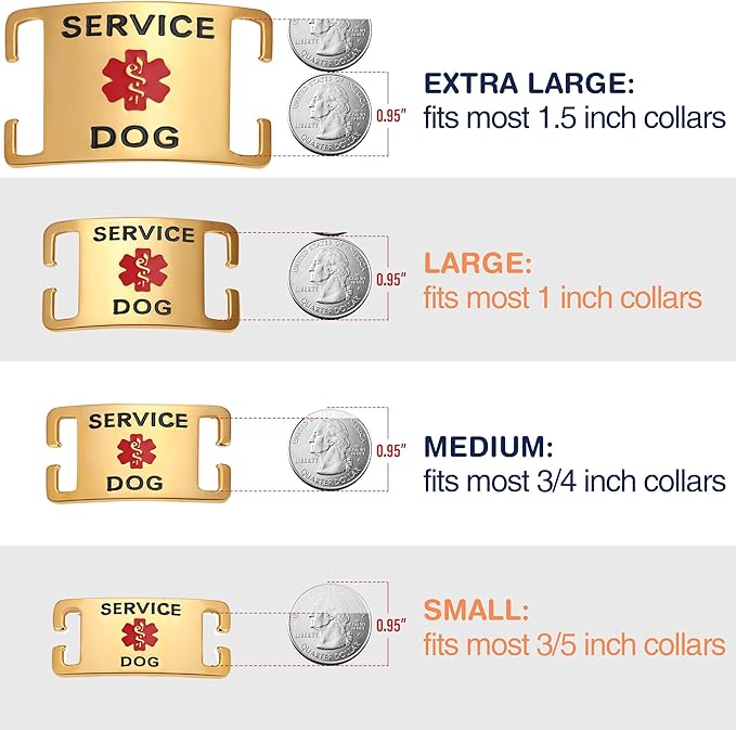 No Noise Stainless Steel K9 Service Dog Pet ID Jewelry Tags, Slide on Dog Collar or Harness Quickly and Securely – PVD Gold/Medium