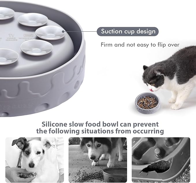 Silicone Slow Feeder Dog Bowls & Cat Bowls, 2 Cups Small Pet Food Bowl with Non-Slip Suction Base, Food-Grade Safe Puzzle Feeder for Small & Medium Dogs & Indoor Cats - Dishwasher & Microwave Safe