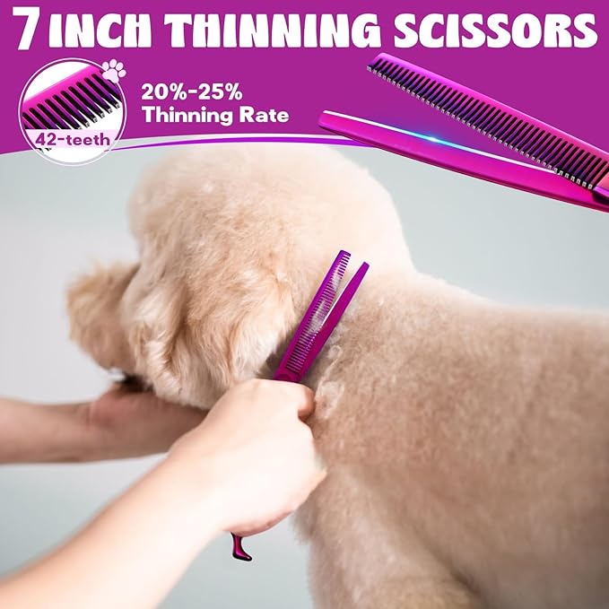 JASON Dog Grooming Scissors Set - Professional 6 in 1 Dog Shears Set - 7" Thinning Scissors, 7" Straight, 7" Up-Curved, 7" Down-curved Scissors and Comb for Dog Cat Pet with Adjustable Screw