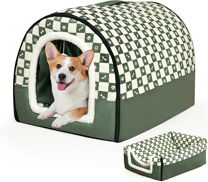 Dog House Indoor, Cozy Dog Cave Bed with Door Curtain, Cushion Mat, Removable and Washable Cover, Multi-Purpose Covered Dog Bed & Cat House for Cats and Small Dogs