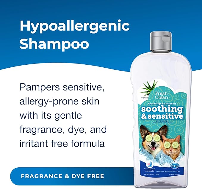 PetAg Fresh ’n Clean Soothing & Sensitive Pet Shampoo - 18 oz - Hypoallergenic & Tearless Pet Shampoo for Dogs, Cats & Small Animals with Aloe & Vitamin E - Fragrance Free