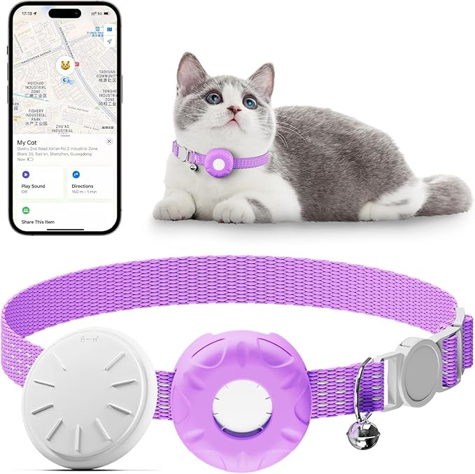 Pet Tracker for Cats,GPS Cat Tracker,Smart Pet Location Tracker with Collar and Holder,Waterproof Cat GPS Tracker Tracking Device,No Monthly Fee,Works with Apple Find My(iOS Only)-Purple