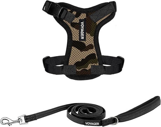 Voyager Step-in Lock Adjustable Cat Harness w. Cat Leash Combo Set with Neoprene Handle 5ft - Supports Small, Medium and Large Breed Cats by Best Pet Supplies - Army/Black Trim, XXS