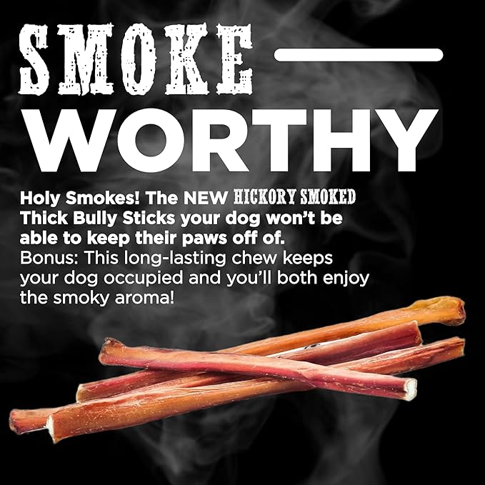 Best Bully Sticks Premium Hickory Smoked 100% Natural Thick 6 Inch Bully Sticks for Dogs - Odor Free with Smoky Aroma - No Additives Free-Range Grass-Fed Beef, Grain-Free Dog Chews - 5 Pack