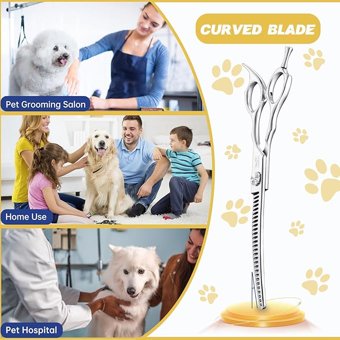JASON 7" Curved Chunker Dog Scissors - Ergonomic Pet Scissors Silver Curved Dog Shears 440C Stainless Steel Grooming Shears Professional Pet Shears For Groomer (28-Teeth, Down-curved)
