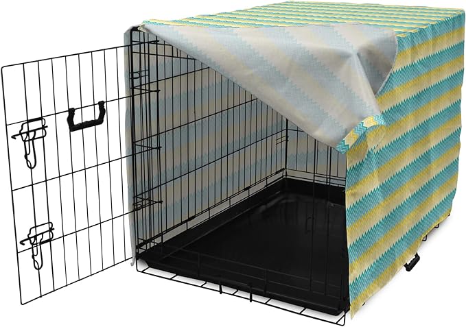 Lunarable Yellow and Blue Dog Crate Cover, Horizontal Chevron Motifs Zigzag Lines Pattern Ombre Inspired Design, Easy to Use Pet Kennel Cover for Small Dogs Puppies Kittens, 18 Inch, Aqua Mustard