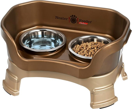 Neater Feeder Deluxe Mess Proof Dog Bowls Elevated for Small Breeds – Made in USA – No Spill Raised Dog Food Bowl Stand w/Leg Extensions – Stainless Steel Dog Food and Water Bowl Set – Bronze