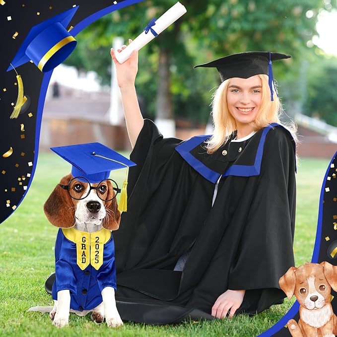 5 Pcs Dog Graduation Costume Set Include 2025 Pet Graduation Gown with Stole Puppy Grad Cap Lensless Glasses DIY Letter Stickers for Dogs Cats Holiday Costume Accessory(Blue Yellow,S)