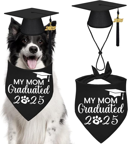 STMK Dog Graduation Cap Bandana, Graduation Dog Cap with 2025 Tassels Dog Graduation Outfits Gifts Graduation Bandana for Small Medium Large Dogs (Black, Cap & My Mom Graduated Bandana)