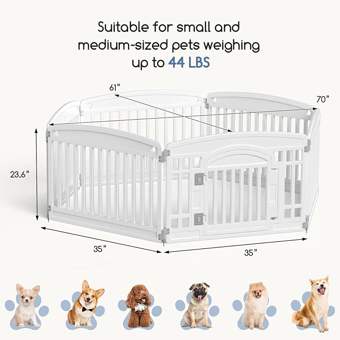 Plastic Dog Playpen | 6-Panel 24" Safe & Secure Indoor/Outdoor Pet Fence | Folding & Portable | 35 x 35 x 24IN, Ideal for Small to Medium Dogs | Easy to Clean （White）