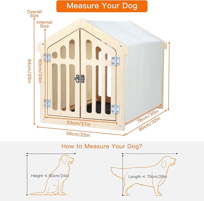 Dog House Indoor for Small Dogs & Medium Dogs 30”Lx21”Wx24”H, Wooden Board & Oxford Fabric & Felt Mat, Lockable Door, Easy Assembly, Wooden Color