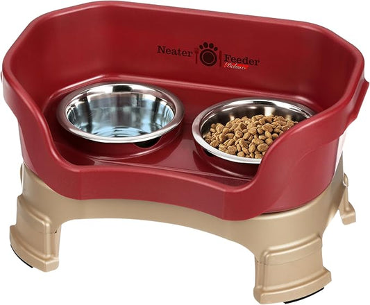 Neater Feeder Deluxe Mess Proof Dog Bowls Elevated for Small Breeds – Made in USA – No Spill Raised Dog Food Bowl Stand w/Leg Extensions – Stainless Steel Dog Food and Water Bowl Set – Red
