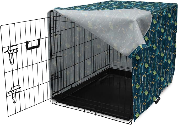 Lunarable Jurassic Dog Crate Cover, Evolution Marine Dinosaurs and Nautical Foliage Animal, Easy to Use Pet Kennel Cover for Cats & Medium Dogs, 24 Inch, Petrol Blue Pale Green
