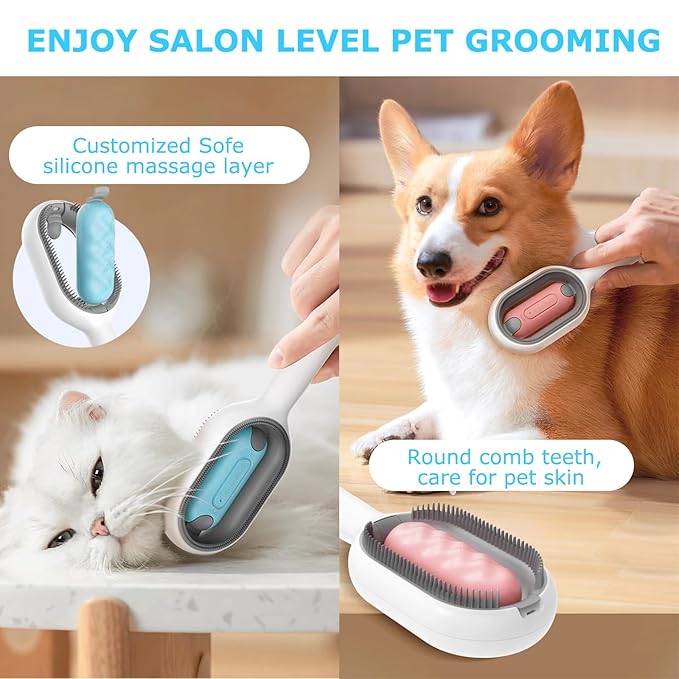 4 in 1 Pet Hair Removal Comb with Gravity Water Tank, Cat Dog Massage Brush Self Cleaning Grooming Wet Comb for Shedding Fur (Long Hair, 2PCS)
