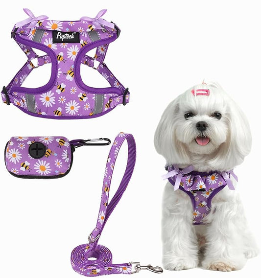 PUPTECK No Pull Dog Harness and Leash Set Reflective No Choke Step in Puppy Halter for XS Small and Medium Sized Dogs, Purple, Printed Fabric, S