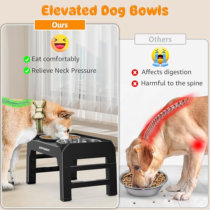 URPOWER 4 Height Adjustable Elevated Dog Bowls - 50oz Large Capacity Stainless Steel Bowls, No-Spill Edge, Non-Slip Stand for Small, Medium, Large Dogs & Pets