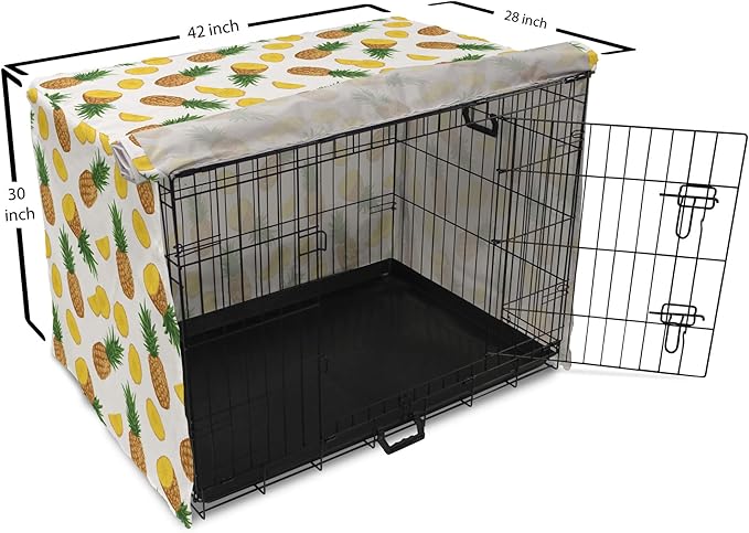 Lunarable Pineapple Dog Crate Cover, Sliced in Half Ananas Exotic Fruit Rhythmic Retro Look Print, Easy to Use Pet Kennel Cover for Medium Large Dogs, 42 Inch, Mustard Fern Green