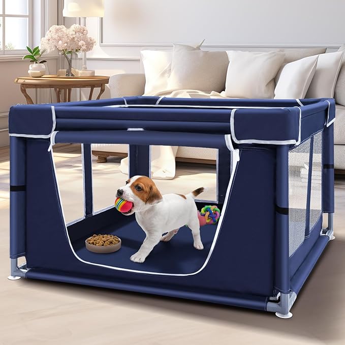 Pet Playpen 42 42 inch, 25 Height with Bottom, for Small Dogs & Animals, Indoor & Outdoor Play Yard with Zipper Door