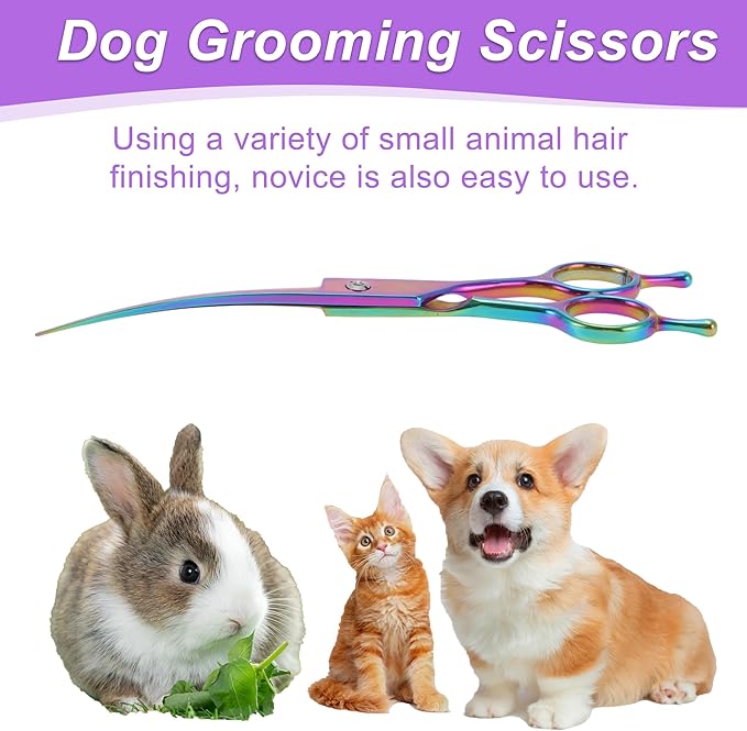 Dog Grooming Scissors, with Ergonomic Handle, Pill Popper for Cats, Upper Bend Shears, Stainless Steel Curved Shears for Dogs, Assorted Color, 7.5"