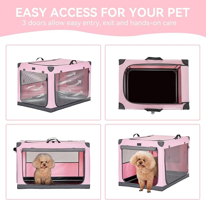 PETSFIT Travel Dog Crate, with Patented Adjustable Fabric Cover, Chewproof & Lockable Mesh Doors, Waterproof Base Portable Kennel Pink 26 Inch