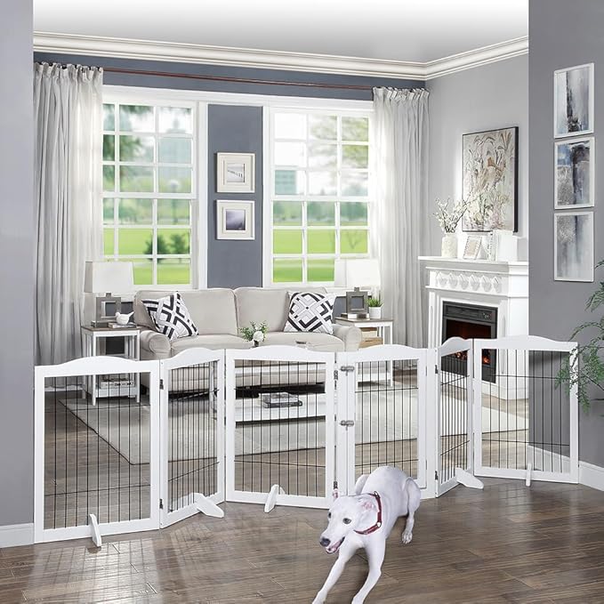 beeNbkks Extra Wide Pet Gate, 6 Panels Freestanding Dog Gate with Walk Through Door and 5 Support Feet, Foldable Pet Barrier Fence for Stairs Doorways Fireplace, Indoor Exercise Playpen for Dogs Cats
