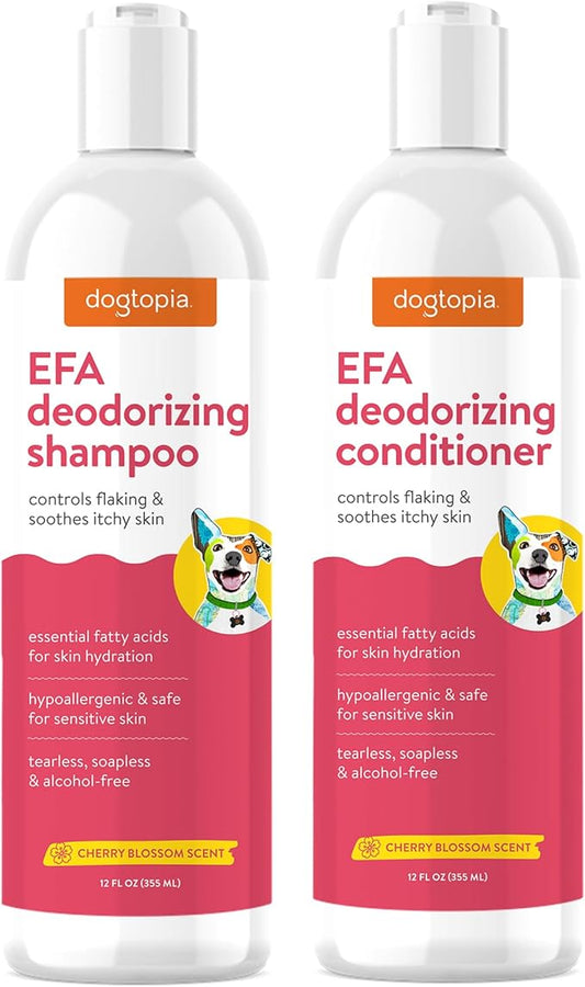 Essential Fatty Acid (EFA) Shampoo and Conditioner for Pets – 12oz Deodorizing Cherry Blossom Scent | Soothing for Dogs and Cats Rich with Moisturizing Emollients | Tearless, Soapless