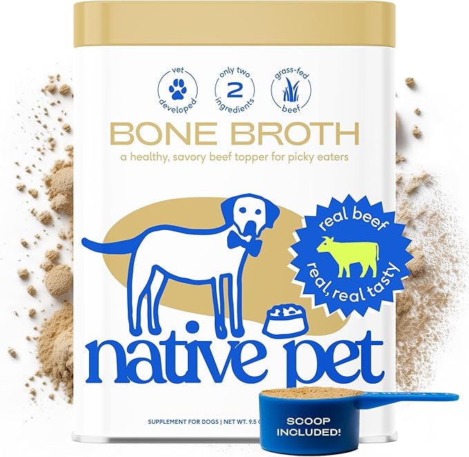 Native Pet Bone Broth for Dogs & Cats – Dog Bone Broth Powder - Dog Food Topper for Picky Eaters – Cat Broth & Dog Broth - Puppy Dog Gravy Topper for Dry Food – Beef Broth for Dogs & Cats – 9.5 oz