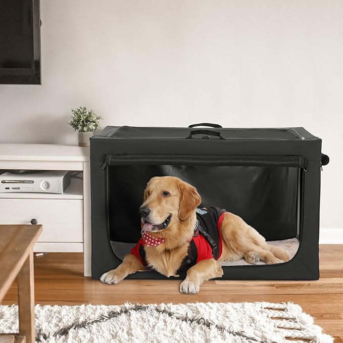 Petsfit Collapsible & Portable Dog Crate, 3-Door wth Fleece Bed, Soft-Sided Dog Crate, Huge Ventilation Pet Home Black 30 inch