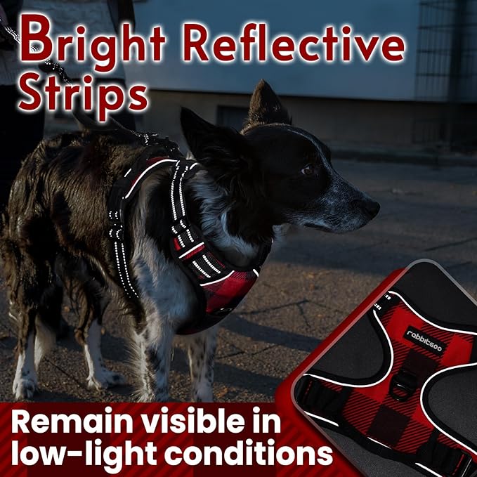 rabbitgoo Dog Harness for Large Dogs No Pull, Comfortable Padded Plaid Dog Harness with Handle Easy Control, Adjustable Reflective Puppy Pet Harness Vest with 2 Leash Clips, Red Plaid, L