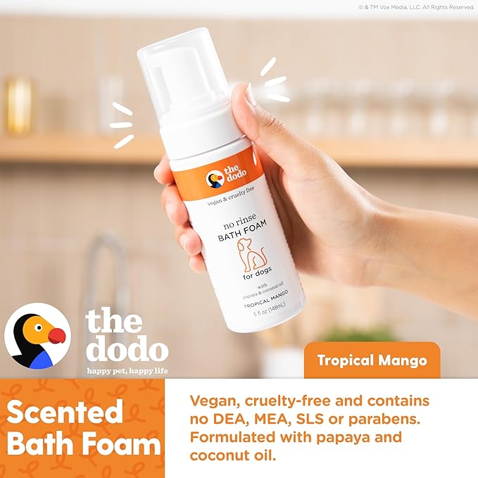 The Dodo No Rinse Bath Foam for Dogs, Tropical Mango with Papaya and Coconut Oil, 8 fl oz; Waterless Dog Grooming Option; Vegan, Cruelty-Free, No DEA, MEA, SLS or Parabens