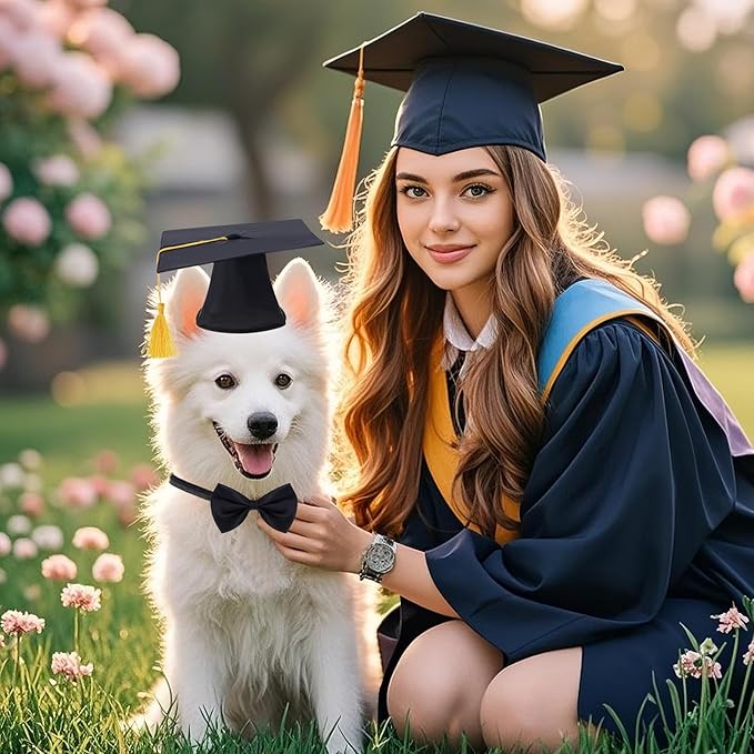 Pet Graduation Caps with Bow Tie Dog Graduation Hat with Yellow Tassel Pet Grad Costume Accessory for Small Dogs Cats Party Outfit