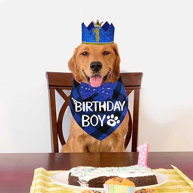 STMK Dog Birthday Party Supplies, Multi Size Dog Birthday Hat with Numbers Bandana Bow Tie for Medium Large Dogs Pets (Blue, Large)