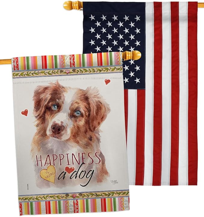 Breeze Decor Red Australian Shepherd Happiness House Flag-Pack Dog Puppy Spoiled Paw Canine Fur Pet Nature Farm Animal Creature Embroidery Banner Small Garden Yard Gift Double-Sided, Made in USA