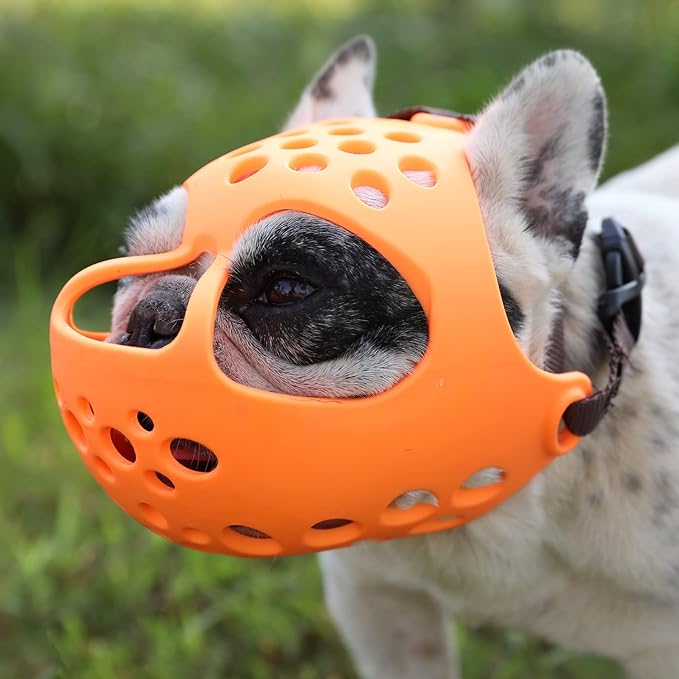 Short Snout Dog Muzzles,Soft Silicone Adjustable Breathable Bulldog Muzzle for Biting Chewing Barking Training,Ideal for Flat-Faced Dogs (L, Orange)