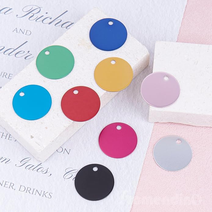 Framendino, Pet ID Tag Colorful Blank Round Double Sided Pets ID Tag Name Phone Number ID Tags Aluminum Charms