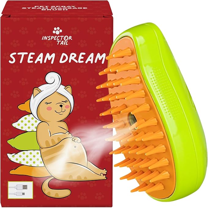 Cat Steam Brush 3 in 1 for Shedding Massage & Dirt Removes Loose Tangled & Static Fur | Short & Long Haired Pet | Misting Water Grooming Comb w Soft Bristles | Self Cleaning Dog Spray & Steamy Brush
