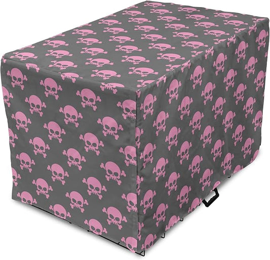 Lunarable Skull Dog Crate Cover, Vivid Pirate on Pale Background Head of a Skeleton and Bones Halloween Themed, Easy to Use Pet Kennel Cover for Medium Large Dogs, 36 Inch, Pink Taupe