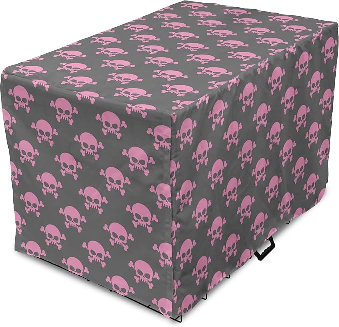 Lunarable Skull Dog Crate Cover, Vivid Pirate on Pale Background Head of a Skeleton and Bones Halloween Themed, Easy to Use Pet Kennel Cover for Cats & Medium Dogs, 24 Inch, Pink Taupe