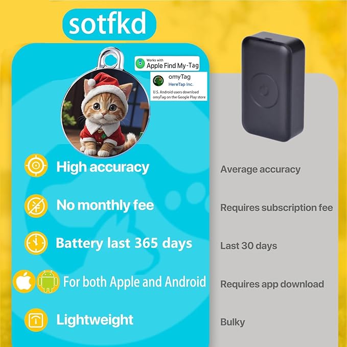 Cat Tracker-Airtag Cat Collar-GPS Tracker for Cats-Android Airtag-Pet Tracker| Android and iOS Universal | No Monthly Fee | No Charging Required | Waterproof | Works with Any Collar