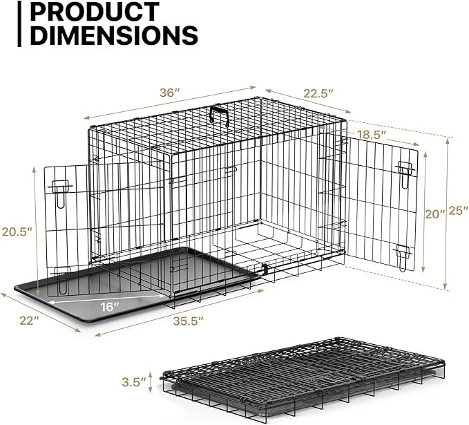 MoNiBloom 24/30/36/42/48 Dog Crates, Foldable Metal Wire Dog Cage with Double-Door, Outdoor Indoor Pet Kennels, Includes Leak-Proof Pan, Divider Panel, Black, 36"