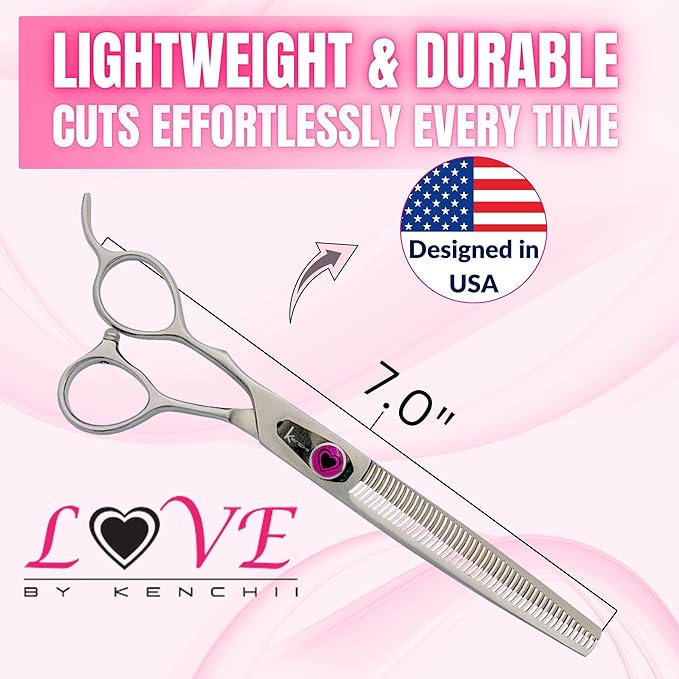 Kenchii Love Left Handed Dog Grooming Scissors, 46 Tooth Thinning Shears, Dog Scissors for Grooming, Professional Pet Grooming Scissors, Ergonomic & Comfortable