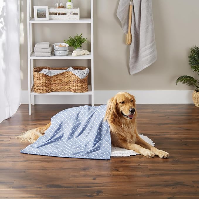 Bone Dry Pet Grooming Towel Collection Absorbent Microfiber X-Large, 41x23.5", Trellis Stonewash Blue