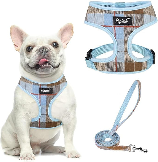 PUPTECK Soft Mesh Dog Harness and Leash Set Pet Puppy Cat Comfort Padded Vest No Pull Harnesses, Blue&Brown, S