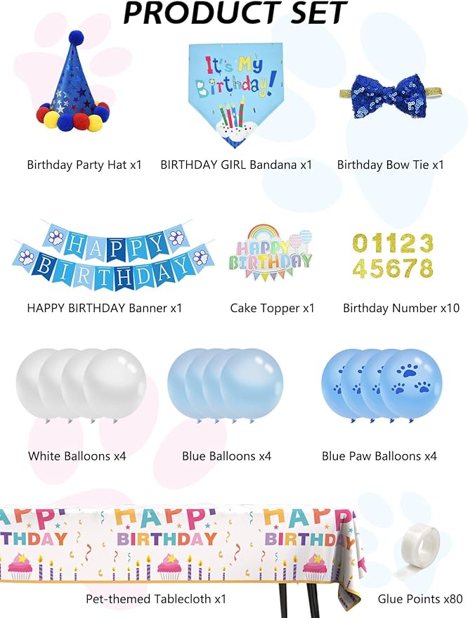 Niura Dog Birthday Party Supplies - Pet Hat, Bandana Scarf, Cute Bow Tie, Happy Birthday Banner, Paw Balloons, Numbers - Doggie Birthday Decorations for Small & Medium Dogs - Blue