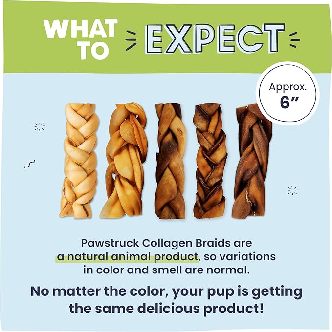 Pawstruck Natural 5-7” Beef Collagen Braids for Dogs - Healthy Long Lasting Alternative to Traditional Rawhide & Bully Sticks Chew Treats w/Chondroitin & Glucosamine - 5 Count - Packaging May Vary