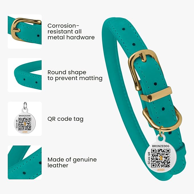 BRONZEDOG Rolled Leather Dog Collar with QR ID Tag Adjustable Soft Round Collars for Small Medium Large Dogs Puppy Cat (11" - 14 1/2" Neck Size, Turquoise)