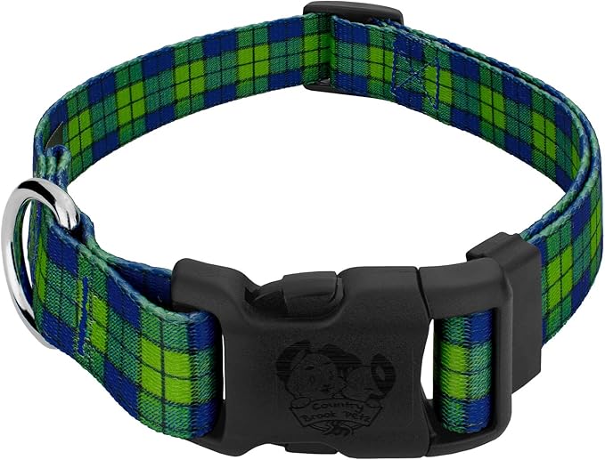 Country Brook Petz - Deluxe Blue and Green Plaid Dog Collar - Made in The U.S.A. - Plaid and Argyle Collection Featuring Charming Designs (1/2 Inch, 2XS)