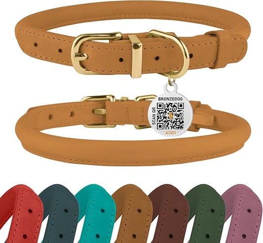 BRONZEDOG Rolled Leather Dog Collar with QR ID Tag Adjustable Soft Round Collars for Small Medium Large Dogs Puppy Cat (16" - 19" Neck Size, Mustard)