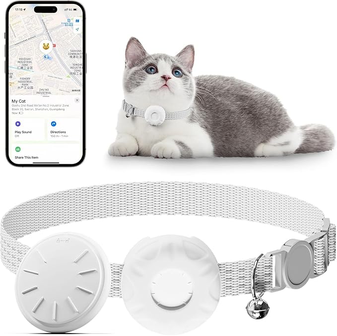 Pet Tracker for Cats,GPS Cat Tracker,Smart Pet Location Tracker with Collar and Holder,Waterproof Cat GPS Tracker Tracking Device,No Monthly Fee,Works with Apple Find My(iOS Only)-White